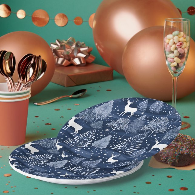 Blue Winter Woodland Christmas Reindeer Holiday Paper Plate (Multi)