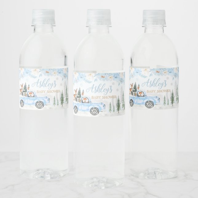 Blue Winter Woodland Truck Baby Shower  Water Bottle Label (Bottles)