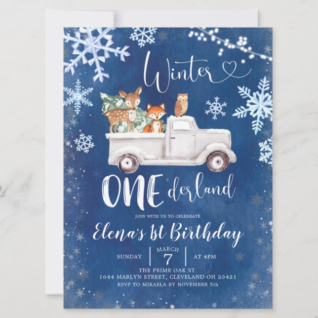 Blue Winter Woodland Truck First Birthday Invite (Front)