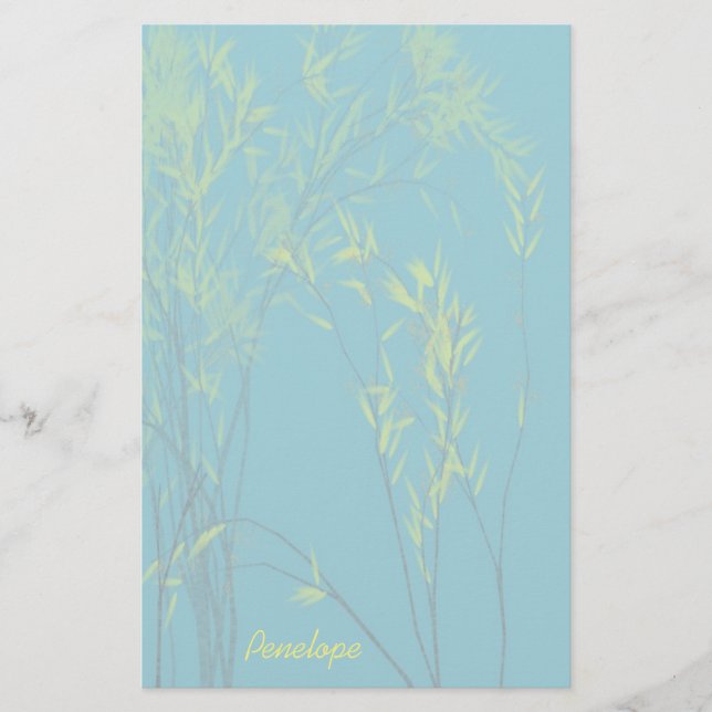 Blue Wispy Trees with Yellow Leaves Add Your Name Stationery (Front)