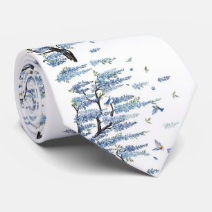 Blue Wisteria & Songbird Watercolor White Men's  Tie