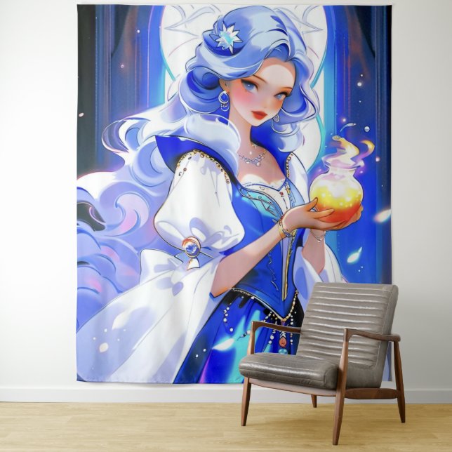 Blue Witch Holding Potion Halloween Wall Art Tapestry (In Situ)