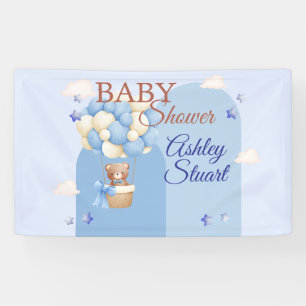 Blue with a Bear in a hot air balloon baby shower Banner