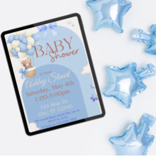 Blue with a Bear in a hot air balloon baby shower Invitation