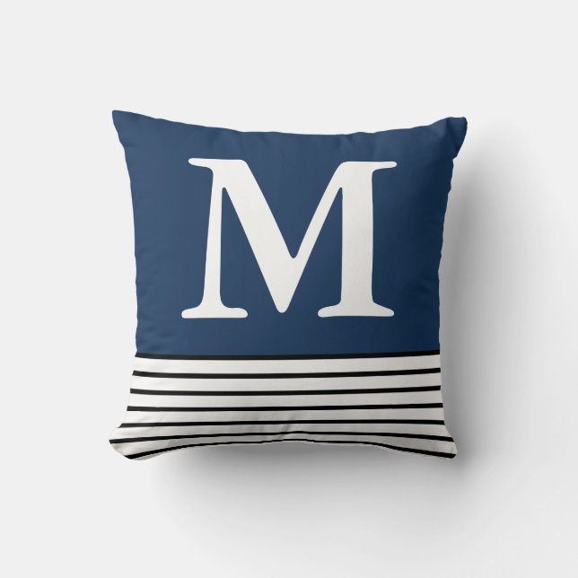 Blue With B/W Stripes Custom Monogrammed  Cushion (Front)
