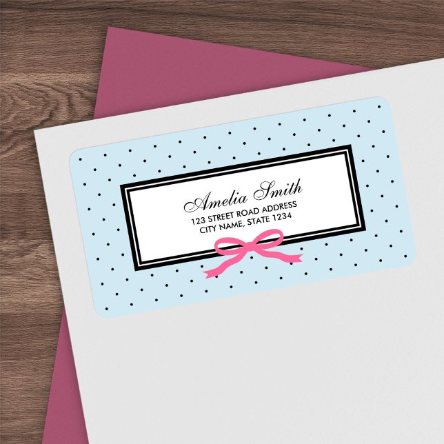 Blue with Black Polka Dot and Pink Ribbon Address Label (Creator Uploaded)