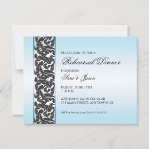 Blue with Black Swirly Ribbon Rehearsal Dinner Invitation