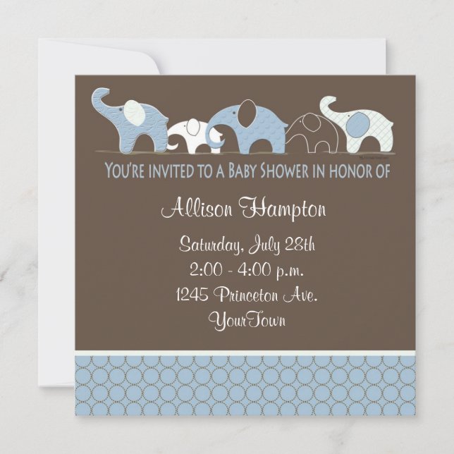 Blue with Brown Elephant Baby Shower Invitations (Front)