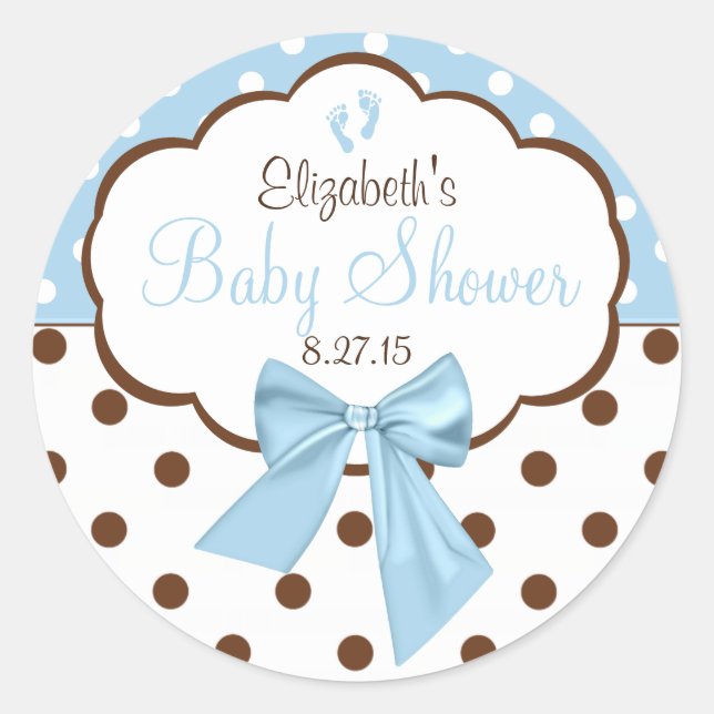 Blue With Brown Polka Dots Baby Shower Classic Round Sticker (Front)