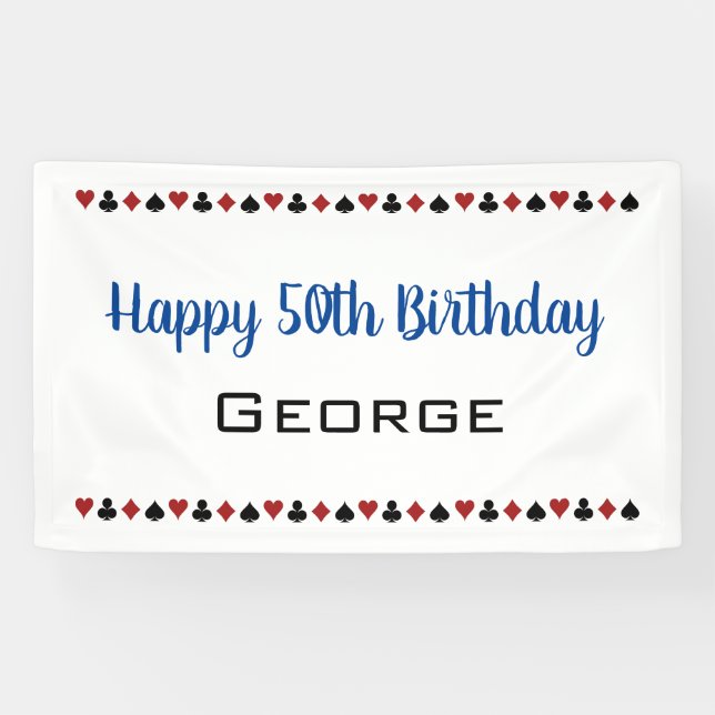 Blue With Card Suits Casino Theme Birthday Banner (Horizontal)