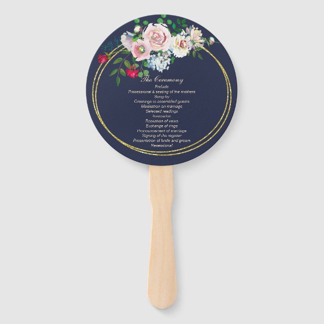 Blue with Floral Frame Wedding Program Fan (Front)
