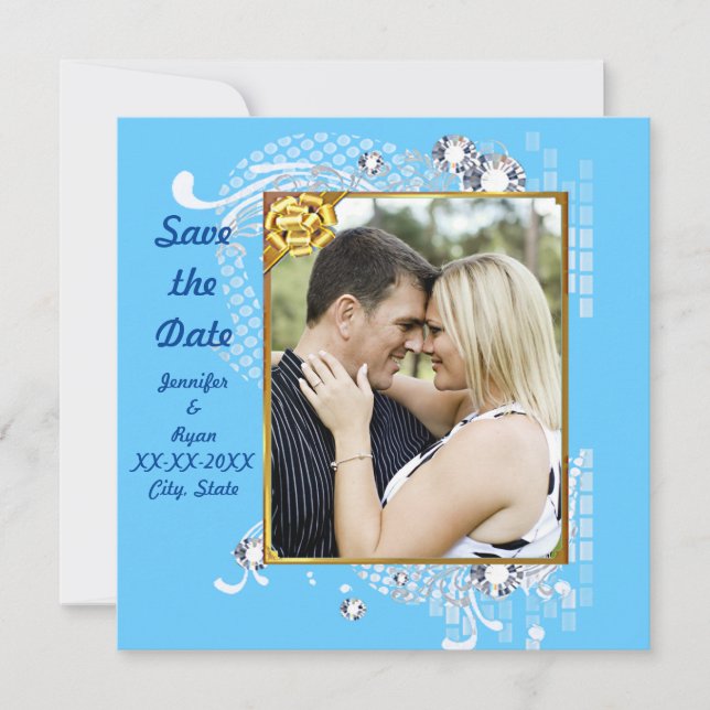 Blue with Frame Diamonds Save the Date Flat Card (Front)