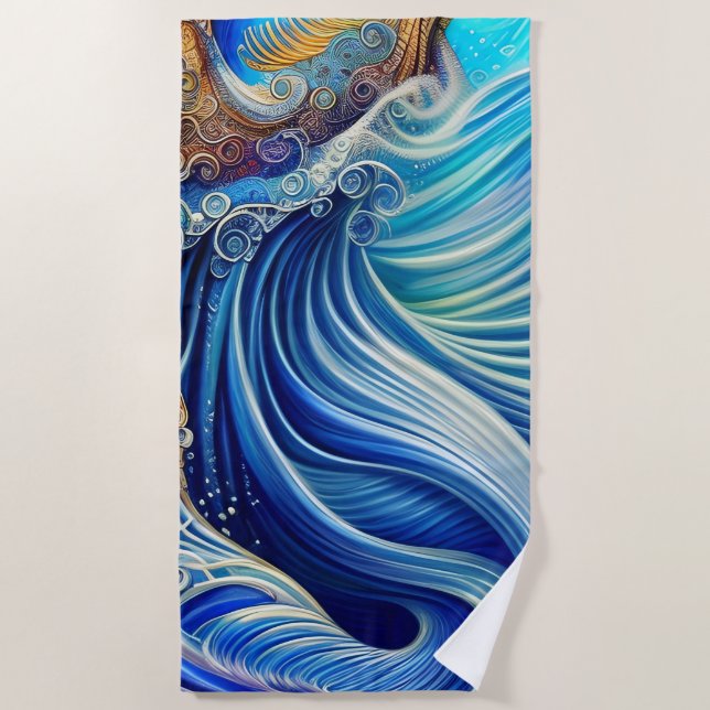 Blue with Gold Abstract Ocean Waves Artwork  Beach Towel (Front)