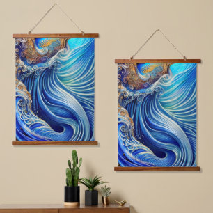 Blue with Gold Abstract Ocean Waves Artwork  Hanging Tapestry