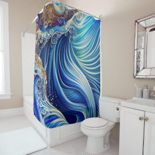 Blue with Gold Abstract Ocean Waves Artwork Shower Curtain