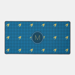 Blue with Gold Accent Houndstooth Desk Mat