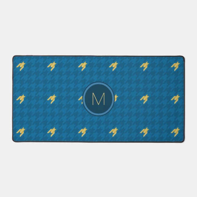 Blue with Gold Accent Houndstooth Desk Mat (Front)