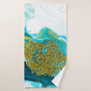Blue with gold glitter fluid art, creative abstrac bath towel