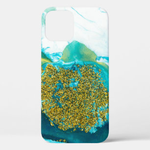 Blue with gold glitter fluid art, creative abstrac iPhone 12 case