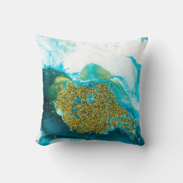 Blue with gold glitter fluid art, creative abstrac cushion (Front)