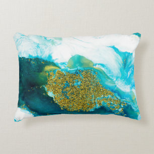 Blue with gold glitter fluid art, creative abstrac decorative cushion