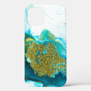Blue with gold glitter fluid art, creative abstrac iPhone 12 case