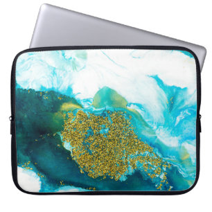 Blue with gold glitter fluid art, creative abstrac laptop sleeve