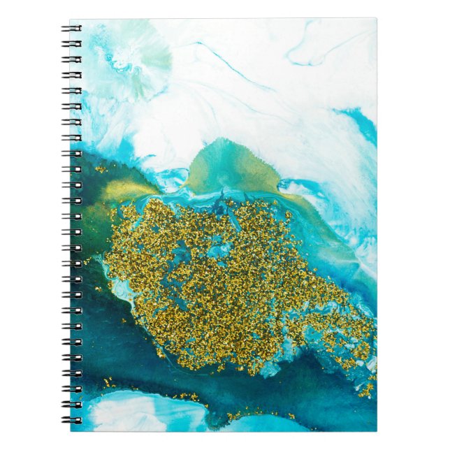 Blue with gold glitter fluid art, creative abstrac notebook (Front)