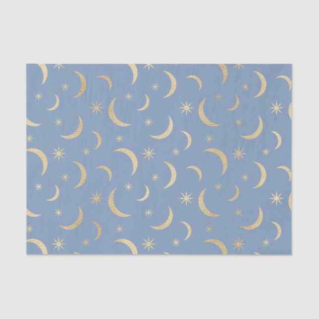 Blue with Gold Moons and Suns Tissue Paper (Front)
