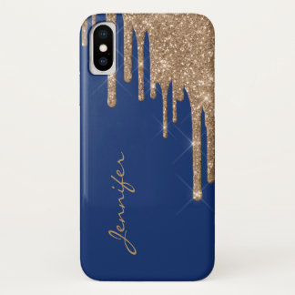 Blue with Golden Glitter Drips iPhone X Case