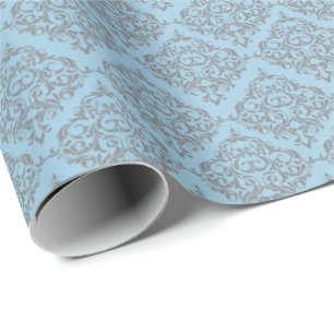 Blue with Grey Damask Pattern Wrapping Paper