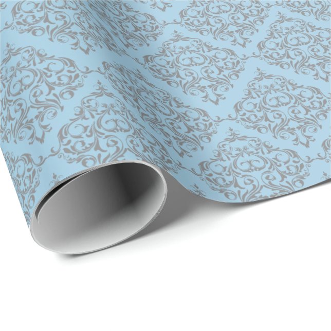 Blue with Grey Damask Pattern Wrapping Paper (Roll Corner)