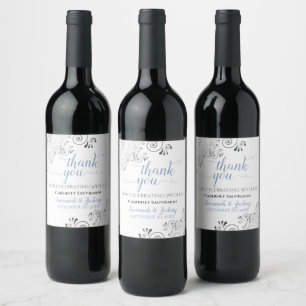 Blue with Grey Frills on White Wedding Thank You Wine Label