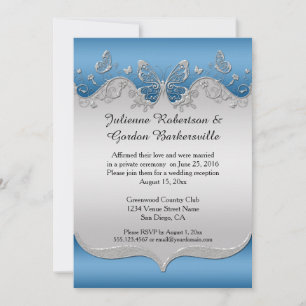 Blue with Ornate Silver Butterflies Post Wedding Invitation