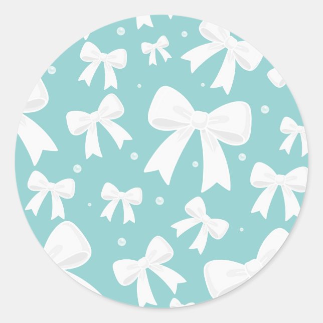 Blue With Pearls White Bows Coquette Bridal Shower Classic Round Sticker (Front)