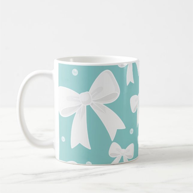 Blue With Pearls & White Bows Coquette  Coffee Mug (Left)