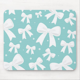 Blue With Pearls & White Bows Coquette Mouse Mat