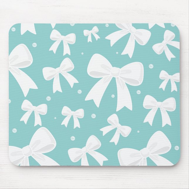 Blue With Pearls & White Bows Coquette  Mouse Mat (Front)