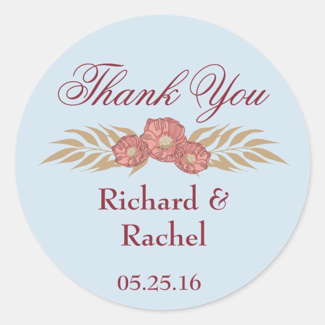 Blue with pink floral accent Thank You Classic Round Sticker (Front)