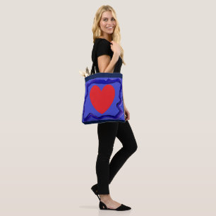 Blue with red heart and art border great shopping tote bag