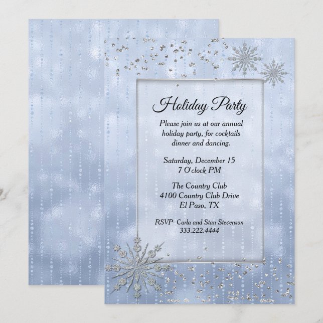 Blue with Silver Snowflakes Holiday Party Invitation (Front/Back)