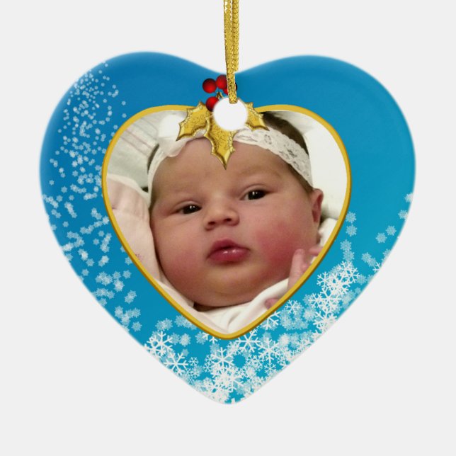 Blue With Snow Baby's First Christmas Heart Ceramic Tree Decoration (Front)