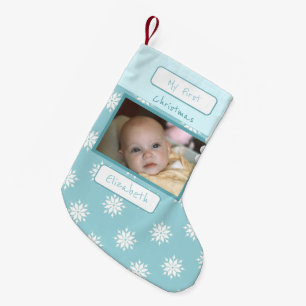 Blue with snowflakes photo and name Baby first Small Christmas Stocking