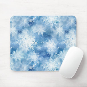 Blue with Snowflakes Watercolor Style Mouse Mat