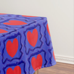 Blue with tiny red hearts and flowing shiny border tablecloth