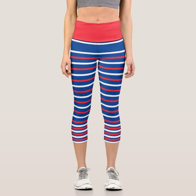 Blue With White and Red Stripes  Capri Leggings (Front)