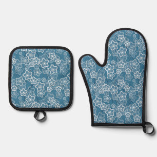 blue with white, blue, flowers, floral, rustic, fa oven mitt & pot holder set