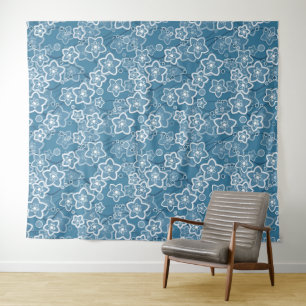 blue with white, blue, flowers, floral, rustic, fa tapestry