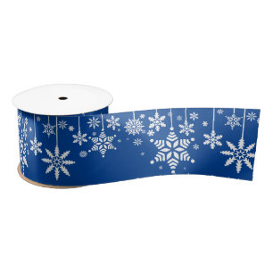 Blue with White Snow Flakes   Christmas Satin Ribbon