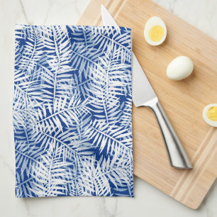 Blue with white tropical pattern tea towel